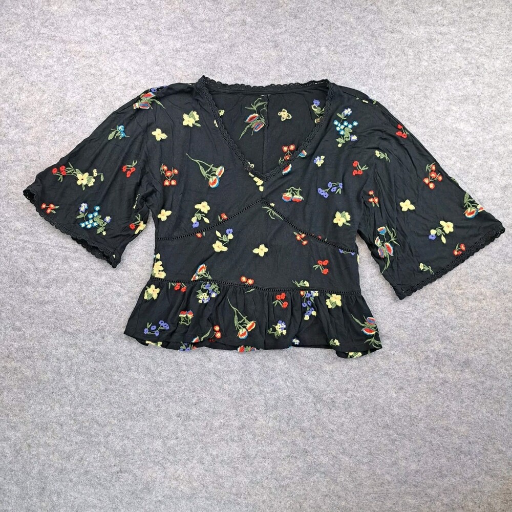 Free People Shirt Womens Small Black Floral Embroidered Top Blouse Boho Flowy